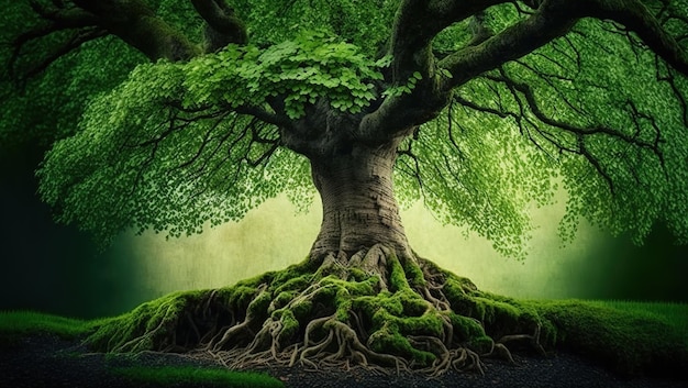 In primavera un grande albero dalla corteccia verde muschio fa da sfondo