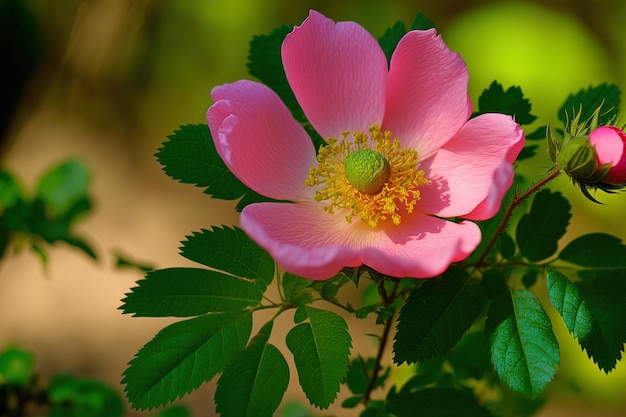 In primavera una rosa selvatica rosa canina ha i petali aperti