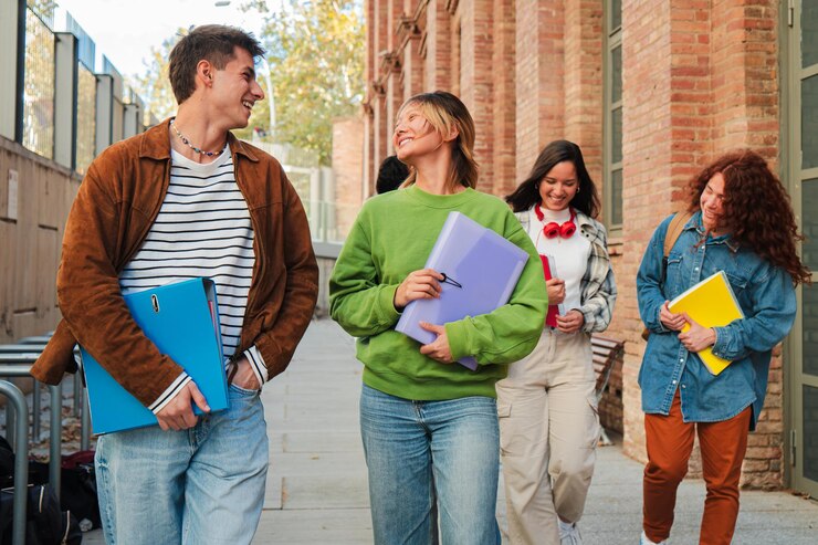 Foto in primo piano una coppia di studenti adolescenti che camminano e hanno una conversazione amichevole all'università