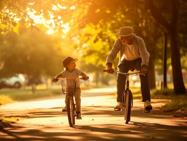 In questa fotografia vediamo un padre felice che insegna a suo figlio come andare in bicicletta con pura gioia e