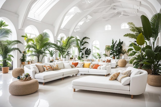 In questa grande stanza bianca ci sono divani, spaziose sedie bianche e decorazioni tropicali