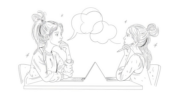 In questa illustrazione due ragazze sono sedute a una scrivania e pensano al mento sono disegnate in uno stile astratto con elementi di illustrazione moderni