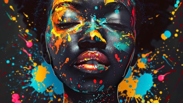 In questo affascinante ritratto afropop il soggetto è adornato con vibranti schizzi di vernice pop art e