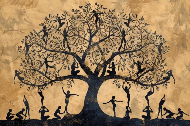 In questo dipinto un albero funge da pezzo centrale mentre gli individui si impegnano in pose di yoga creando una scena serena una rappresentazione artistica delle poste di yoga che formano l'albero della vita generata da AI