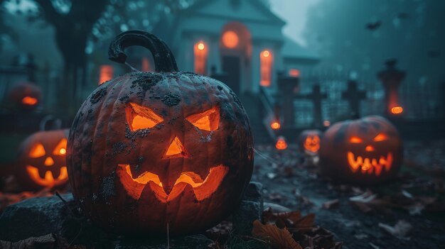 In The Spooky Night Halloween sullo sfondo con zucche nel cimitero