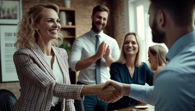 In ufficio una splendida donna anziana sorridente stringe la mano a un giovane sorridente per celebrare un buon affare I colleghi ringraziano l'IA generativa per l'assistenza