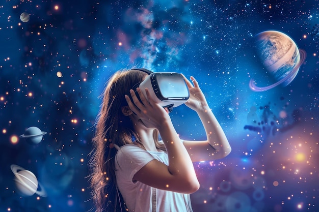 In un ambiente cosmico vibrante una giovane ragazza che indossa un auricolare VR si impegna con un universo virtuale coinvolgente pieno di stelle e pianeti che migliora la sua immaginazione