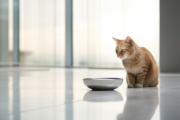 In un ambiente minimalista un piccolo gatto di zenzero si siede sul pavimento leggero accanto a una ciotola di cibo di ferro
