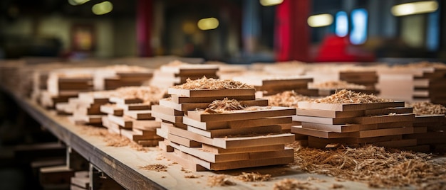 In un'azienda di lavorazione del legno posa di pannelli truciolari per la produzione e lavorazione di mobili