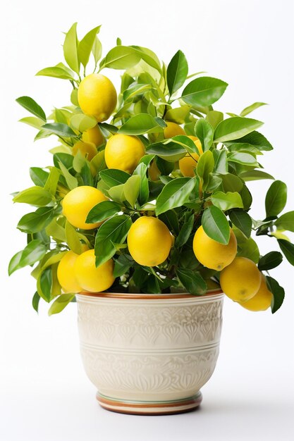 in un bel vaso di ferro albero di limone in cima a quello sfondo bianco