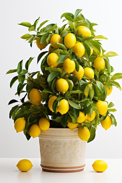 in un bel vaso di ferro albero di limone in cima a quello sfondo bianco