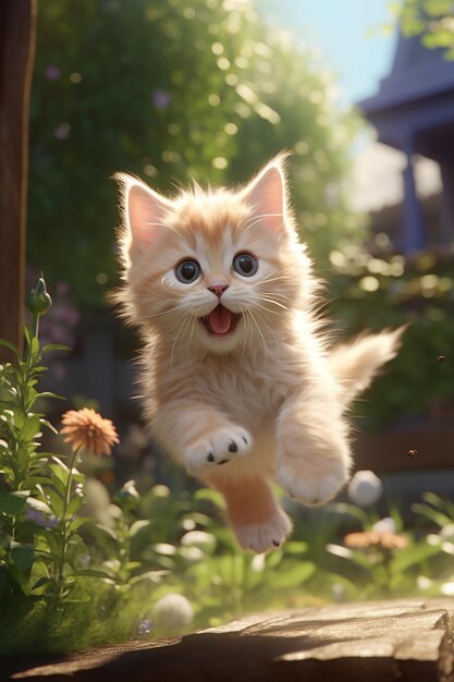 in un bellissimo giardino un gattino che salta e salta in aria