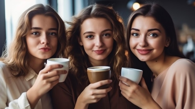 In un caffè tre giovani donne si rilassano con una tazza di caffè IA generativa