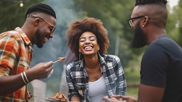 In un campeggio una giovane donna e un ragazzo sorridono mentre il maschio assaggia il barbecue alla griglia Generative AI