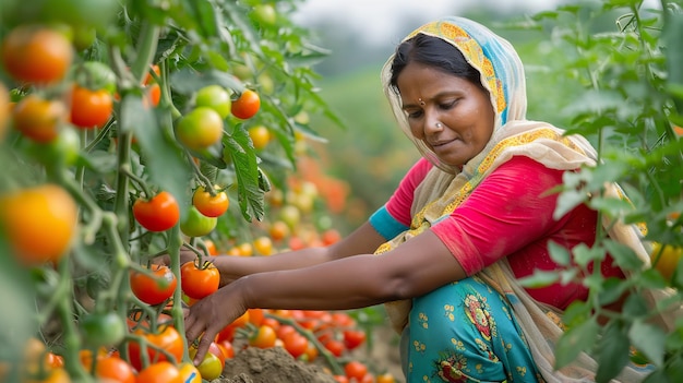 In un campo di pomodori una donna indiana sta raccogliendo pomodori Generative Ai