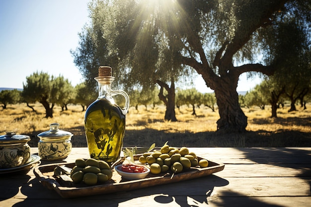 In un campo di ulivi con il sole c'è un tavolo di legno con rami e olive e una brocca di vetro contenente olio d'oliva