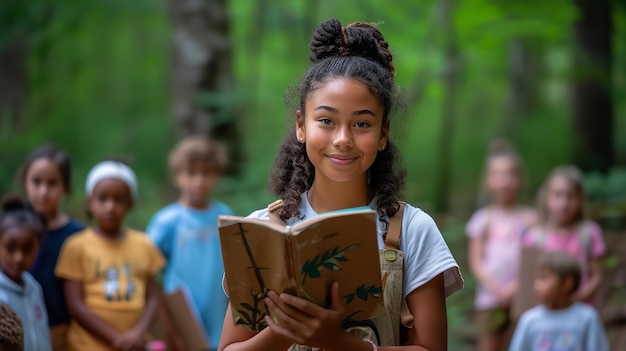 In un campo estivo un gruppo di diversi bambini circonda un giovane consigliere del campo AI generativa