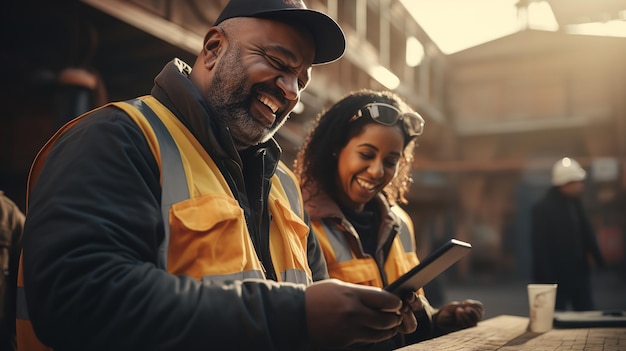 In un cantiere dei lavoratori felici stanno ispezionando i loro tablet e smartphone Generative Ai