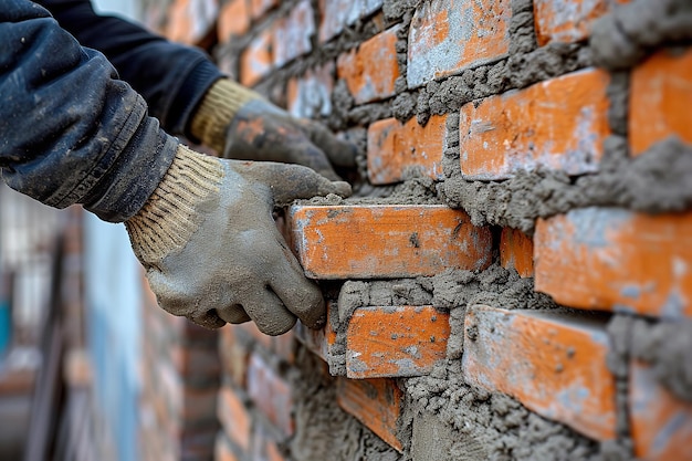 In un cantiere di costruzione un muratore erige mattoni sugli edifici esternamente spazio parete AI generativa