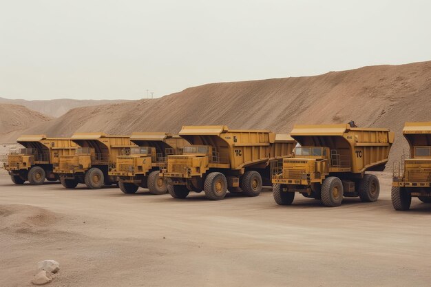 In un cantiere si possono vedere in uso grandi camion da miniera gialli