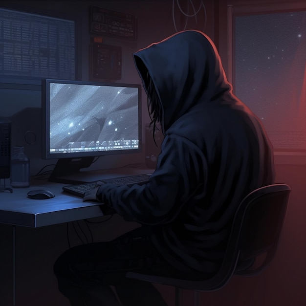 in un cappuccio seduto al suo computer hacker