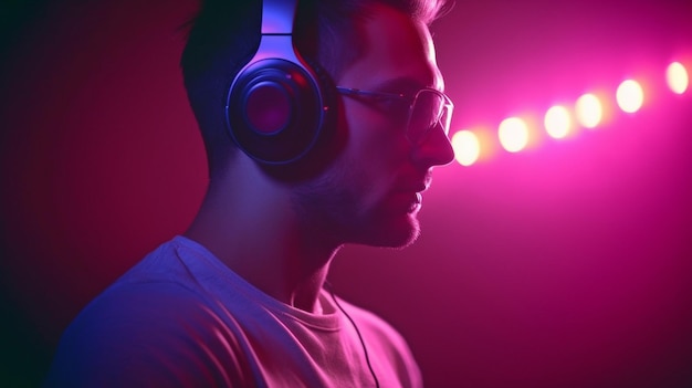 In un club con luci laser dietro di lui un DJ usa le cuffie per riprodurre musica Generative AI
