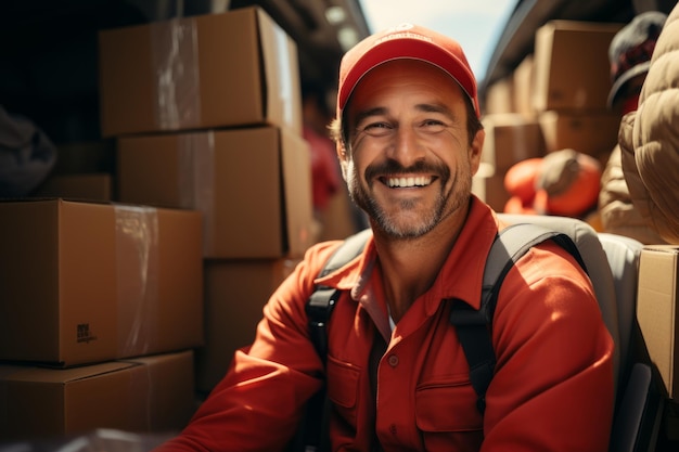 In un furgone di consegna un operaio è seduto tra i pacchetti preparati per la distribuzione