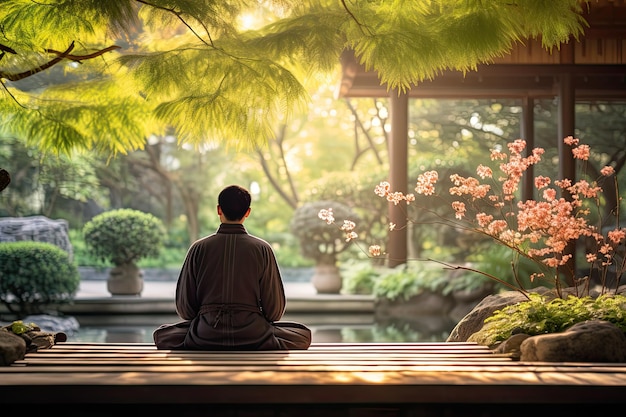 In un giardino sereno un praticante buddista si siede in meditazione trovando la pace interiore in mezzo alla tranquillità