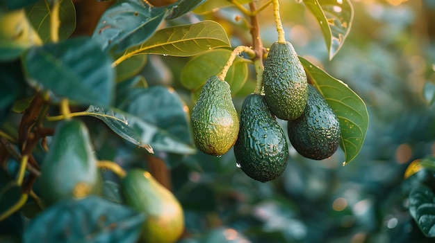 In un giardino tropicale di avocado, frutti di avocado verdi e sani sono impigliati da bellissimi alberi verdi mentre il sole scintilla attraverso il verde e lo spazio.