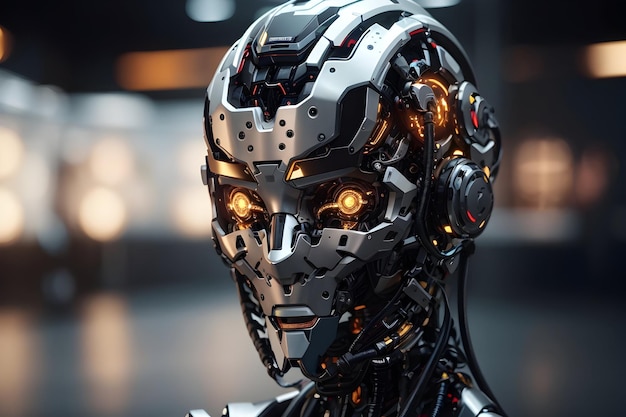 In un laboratorio futuristico un robot umanoide rappresenta il principale elemento tecnologico