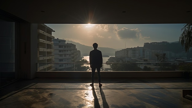 In un luogo al coperto ad Alsancak Izmir il 14 maggio 2022 un giovane osserva l'ambiente circostante nell'incantevole concetto di silhouette della luce solare