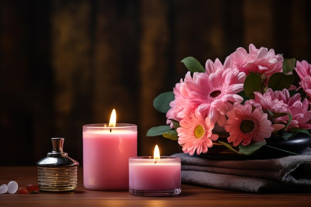 In un salone di bellezza c'è un tavolo adornato con forniture termali, una candela accesa e un ara di fiori freschi