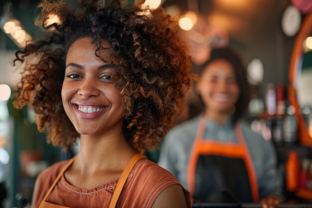 In un salone vivace un parrucchiere gioioso adatta i capelli afro voluminosi di una donna sorridente che trasudano soddisfazione e felicità in un ambiente moderno di cura della bellezza