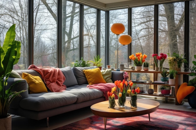 In un soggiorno ben illuminato ci sono due tavoli a perni adornati con tulipani vivaci lo spazio è migliorato...