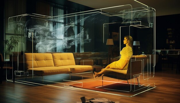 In un soggiorno contemporaneo c'è una sedia trasparente levitante che evidenzia il contrasto di colori