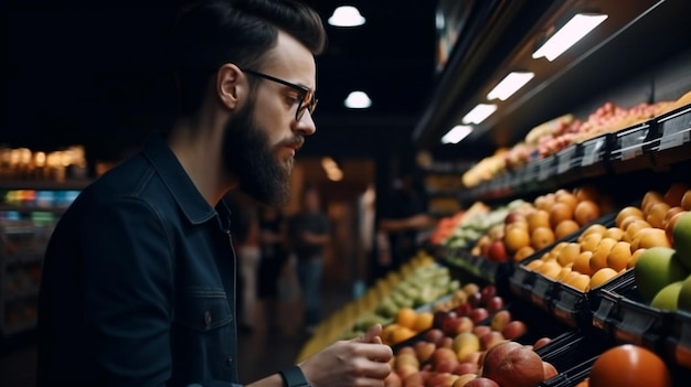 In un supermercato o negozio di alimentari contemporaneo un bell'uomo acquista cibi e bevande nutrienti utilizzando l'IA generativa