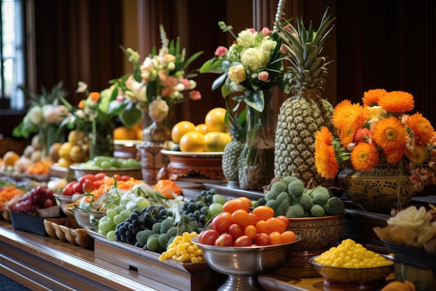 In un tempio buddista gli adoratori offrono cibo come atto di riverenza la disposizione di frutta fiori