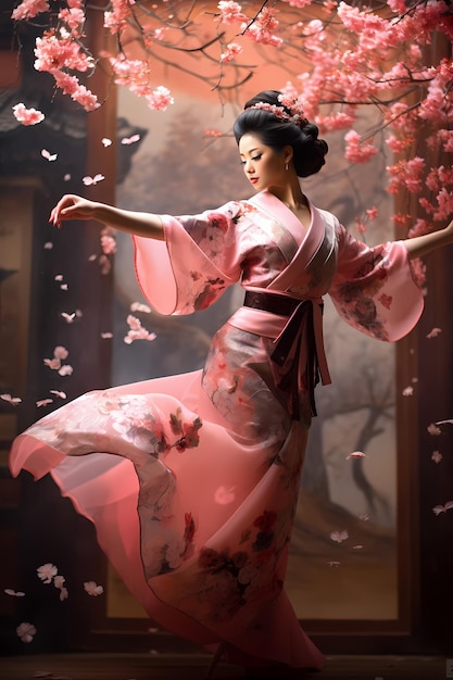 In un tranquillo cortile adornato da fiori di ciliegio una graziosa geisha esegue una danza tradizionale