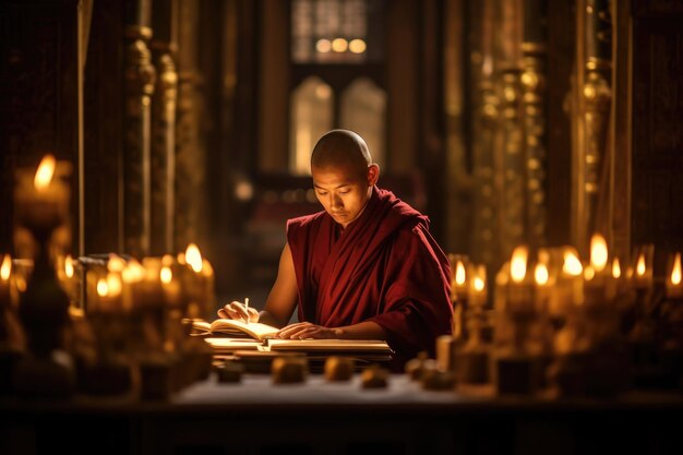 In un tranquillo monastero appartato un monaco assorto in testi antichi sotto la luce soffusa delle candele IA generativa