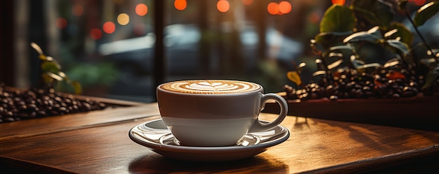 In una caffetteria una tazza di caffè è posta su un tavolo