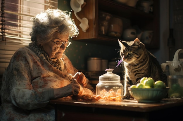 In una casa povera e caotica una donna anziana dai capelli argentati e disordinata è vestita di stracci mentre è seduta accanto al suo compagno felino