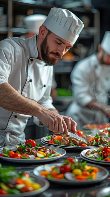 In una cucina contemporanea lo chef e i suoi aiutanti preparano il cibo