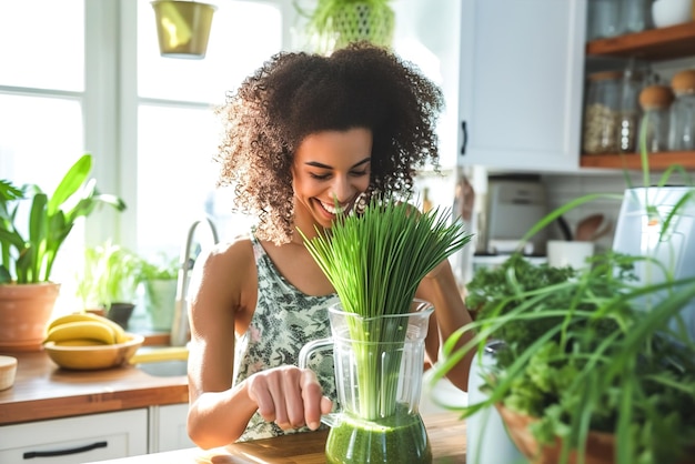 In una cucina luminosa una donna aggiunge erba di grano appena tagliata a un frullatore per preparare un nutriente sm verde