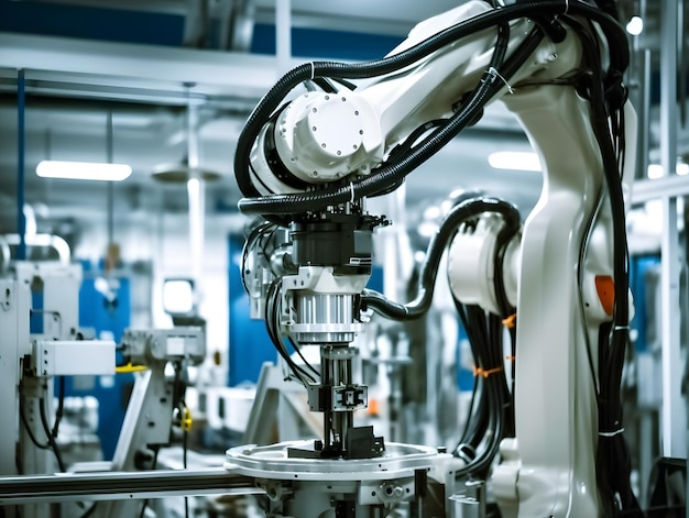 In una fabbrica automobilistica un braccio robotico con attacco per mandrino di fresatura
