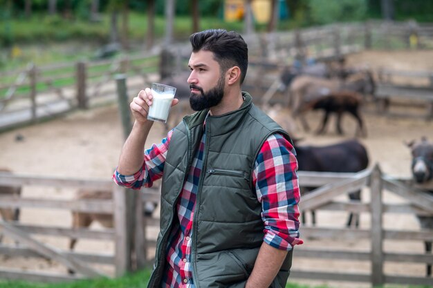 In una fattoria. Un uomo barbuto dai capelli scuri in camicia a quadri con un bicchiere di latte in piedi vicino al bestiame