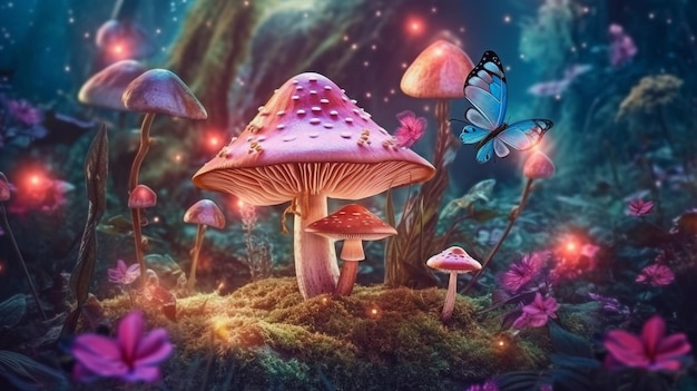 In una fiaba incantata funghi magici IA generativa e una fantastica foresta da favola con fioriture rosa