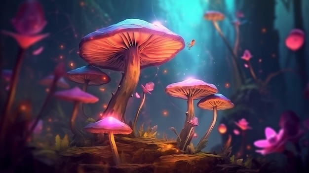 In una fiaba incantata funghi magici IA generativa e una fantastica foresta da favola con fioriture rosa