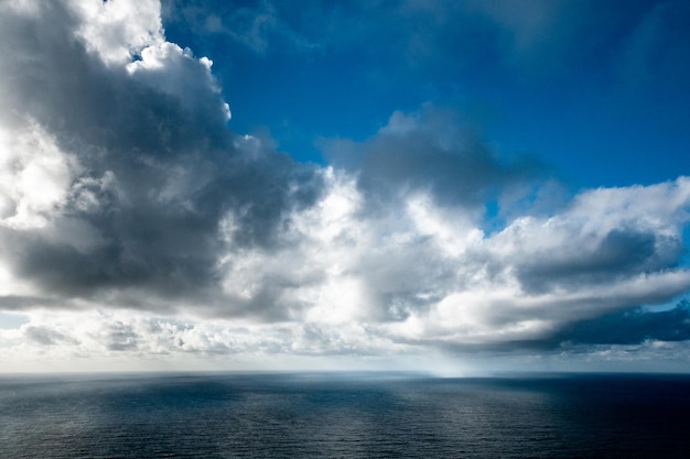 In una giornata di sole nuvole grigie e bianche giocano sul mare e la pioggia cade in lontananza