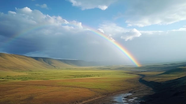 In una giornata soleggiata dopo la pioggia, in una valle lontana con il cielo limpido apparve un arcobaleno colorato