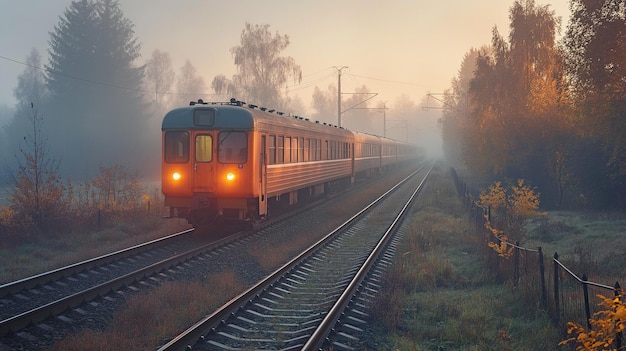 In una nebbiosa mattina d'autunno un treno elettrico passeggeri opera